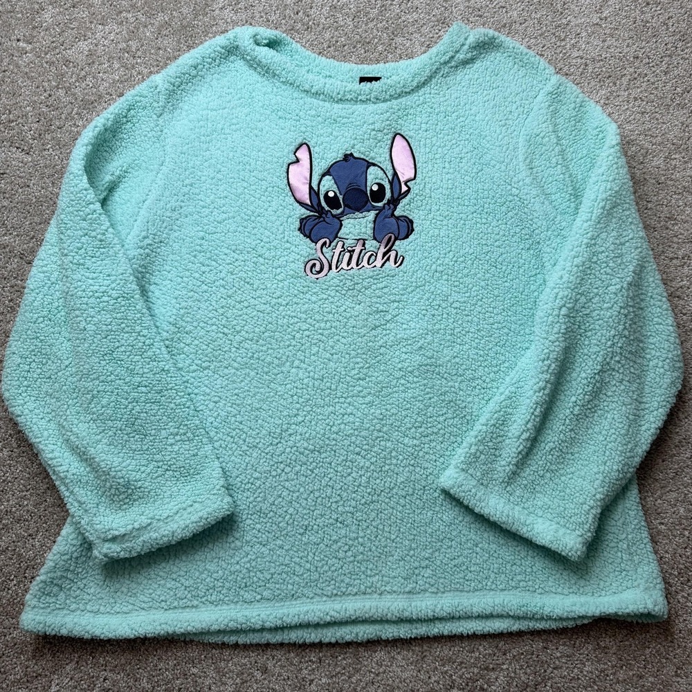 Disney Stitch Pajama Top Womens 3X Green Fleece Sherpa Faux Fur Sleepwear Plus